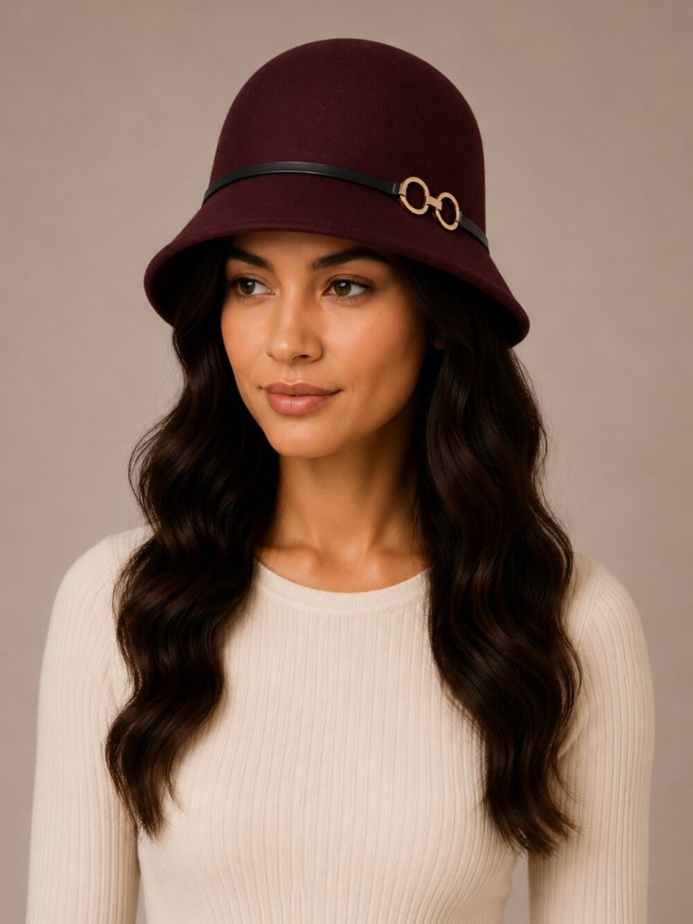 Liz Claiborne Burgundy Wool Cloche Hat Gold Buckle Equestrian Vintage Style NWOT